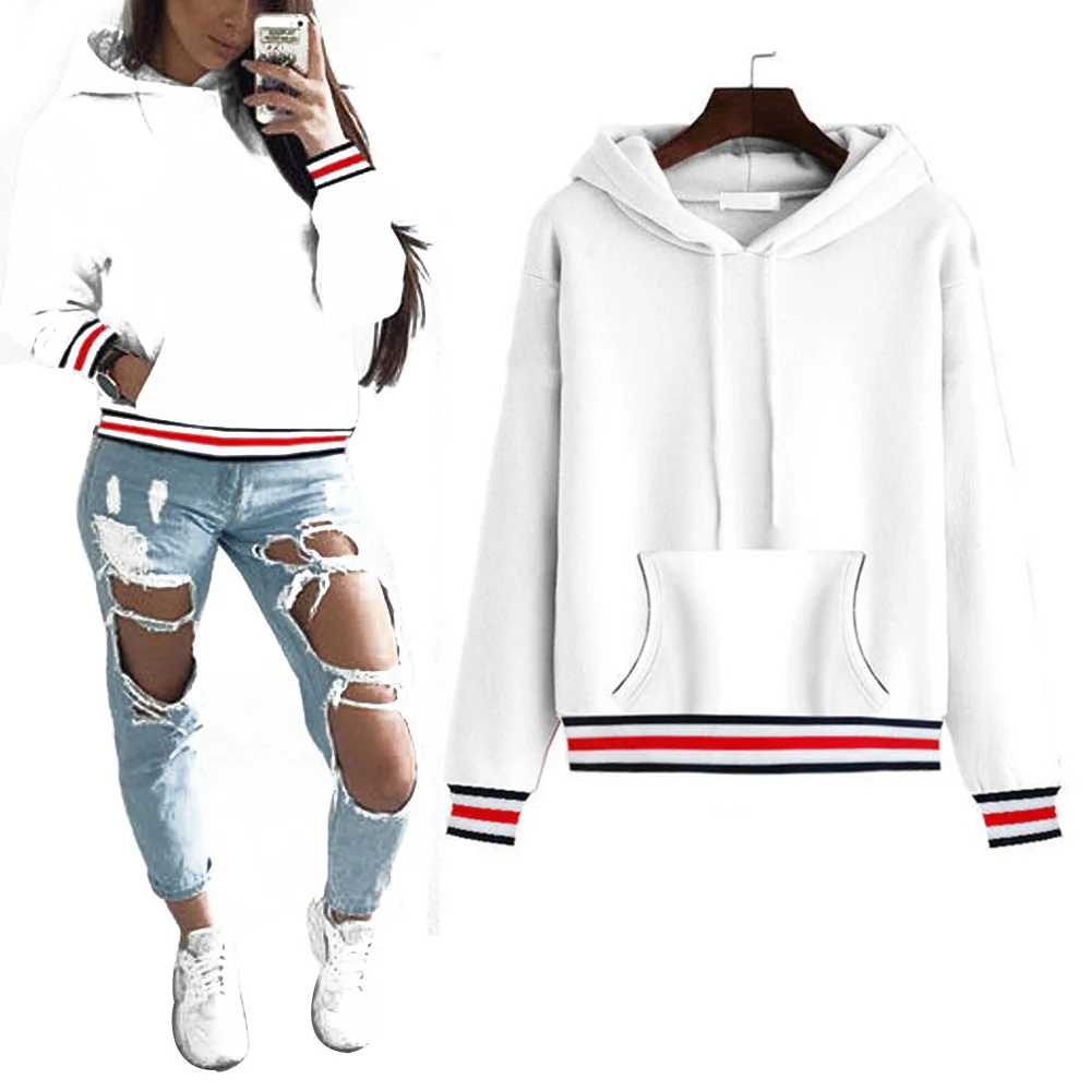 2023 Casual Women Padded Thermal Long Sleeve Solid Pocket Hooded Sweatshirt Pullover Striped Cotton Autumn Thicker Fleece Warm