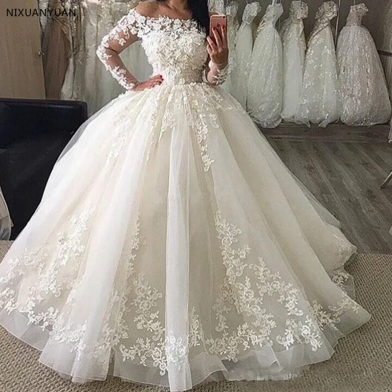 Vestido de novia con hombros descubiertos, manga larga, apliques de encaje, longitud hasta el suelo, talla grande, 2023