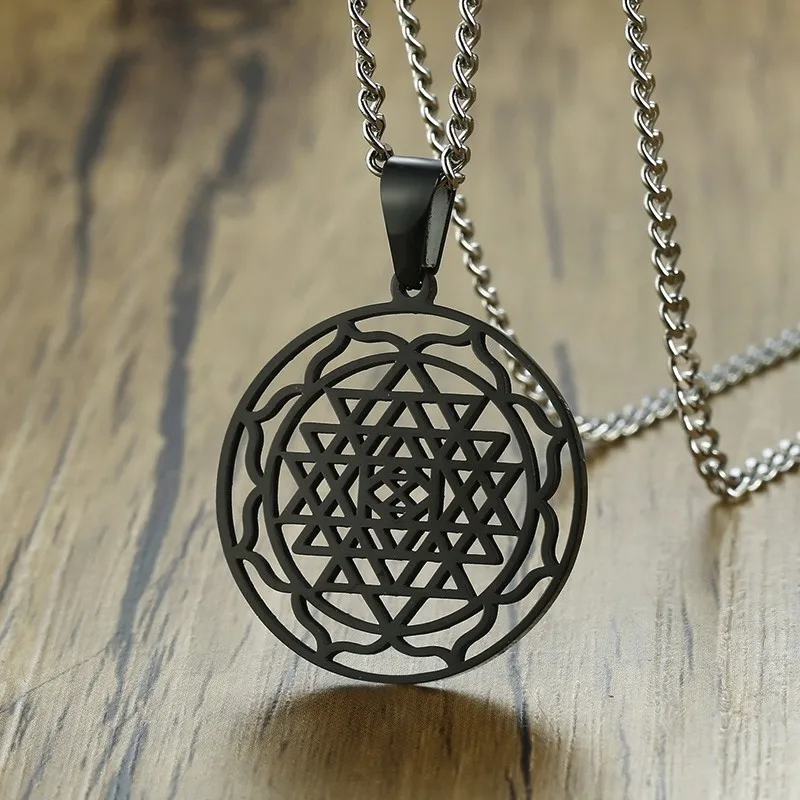 Men Sri Yantra Mandala Pendant Necklace in Black Lucky Charm Stainless Steel Blessed Energized Spiritual Jewelry 24 inch