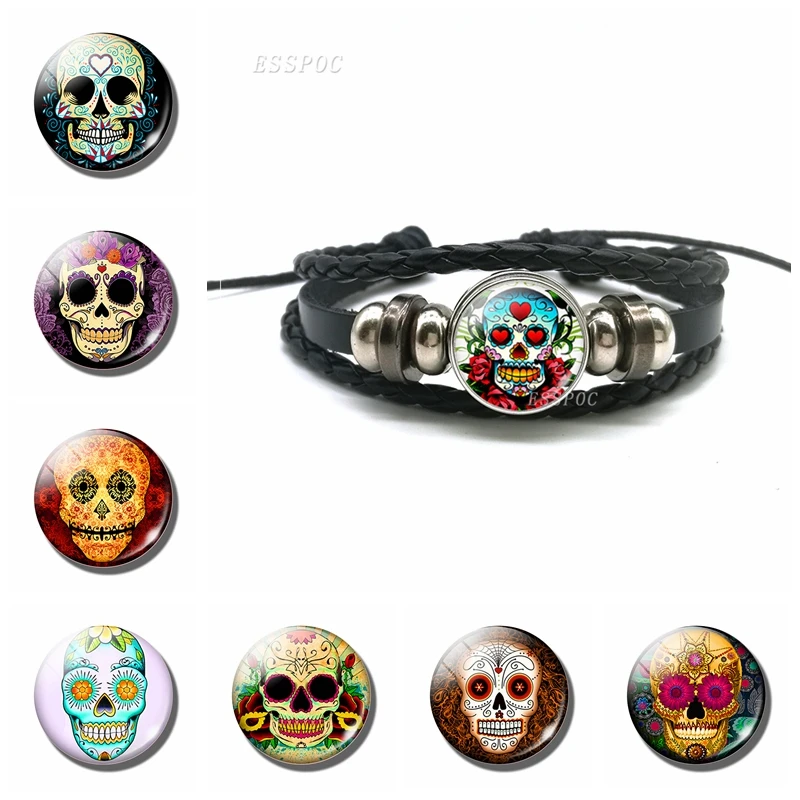 Sugar Skull Bracelet Mexico Folk Art Sugar Skull Black Leather Bracelet  Tourist Souvenir Day of the Dead Jewelry Halloween Gift