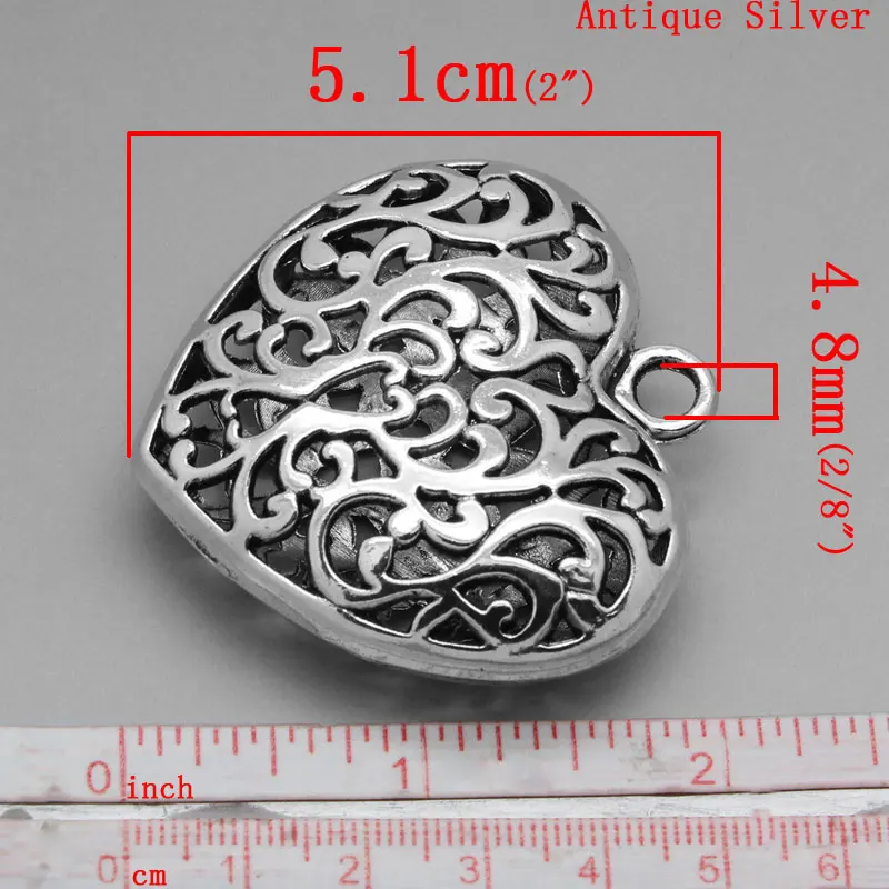 Lovely Charm Pendants Heart Silver Color Hollow 5.1x5cm,3PCs (B23471)