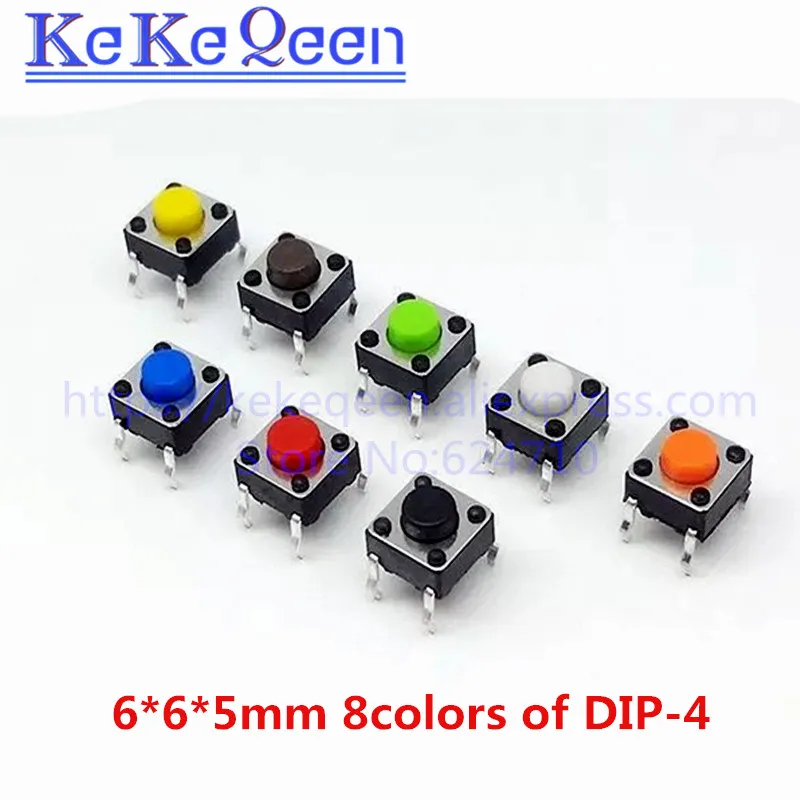 100Pcs 6*6*5mm Through Hole Micro Push Button Tactile Tact Electronic Switch Brown Blue Black Red Orange Green Yellow White