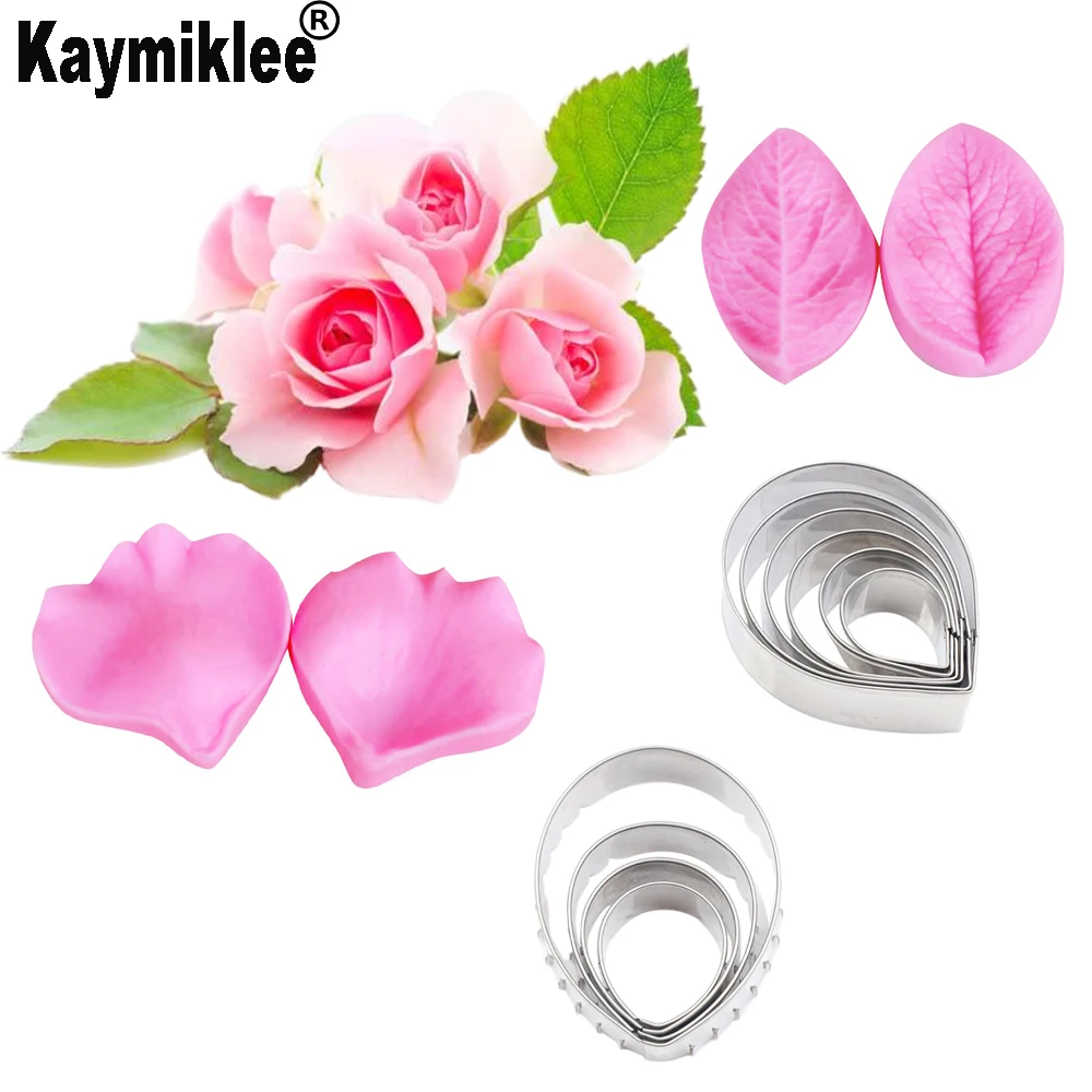 

14PCS Rose DIY Cake Decorating Mold Double Leaf Veiner&Cutter Leaves Silicone Mold Sugacraft Art Cake Decorating Tools CS262