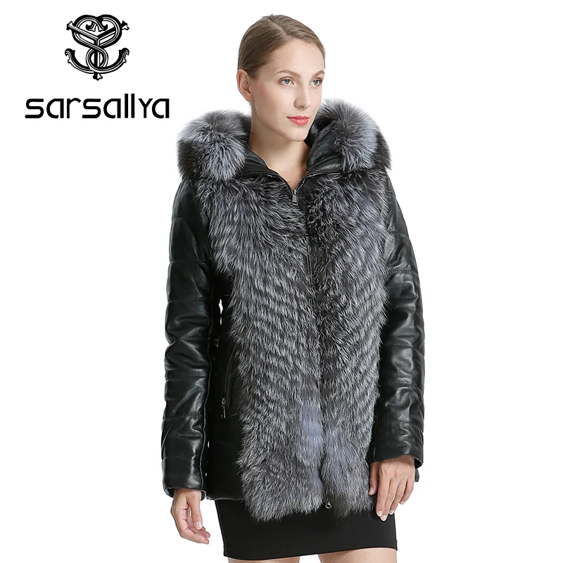 SARSALLYA Women Leather Jacket Coat Winter Warm Overcoat Natural Fox Fur Coat Detachable Jacket Real Fur Female Casual Women