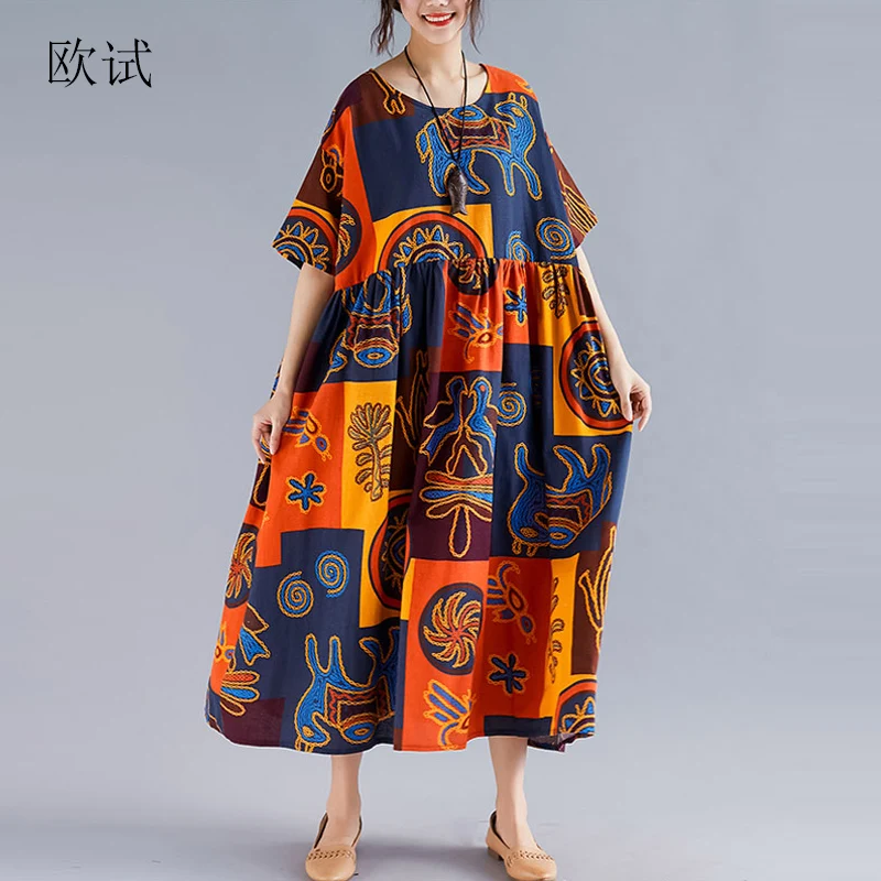 

Oversized Ethnic Vintage Print Dress Women Summer Long Cotton Linen Plaid Dress Casual Loose Ladies Dresses New Fashion 2023