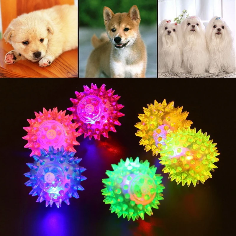 JX-LCLYL Pet Dog Puppy LED Light Up Elastic Rubber Spike Ball Fun Toy Random Color