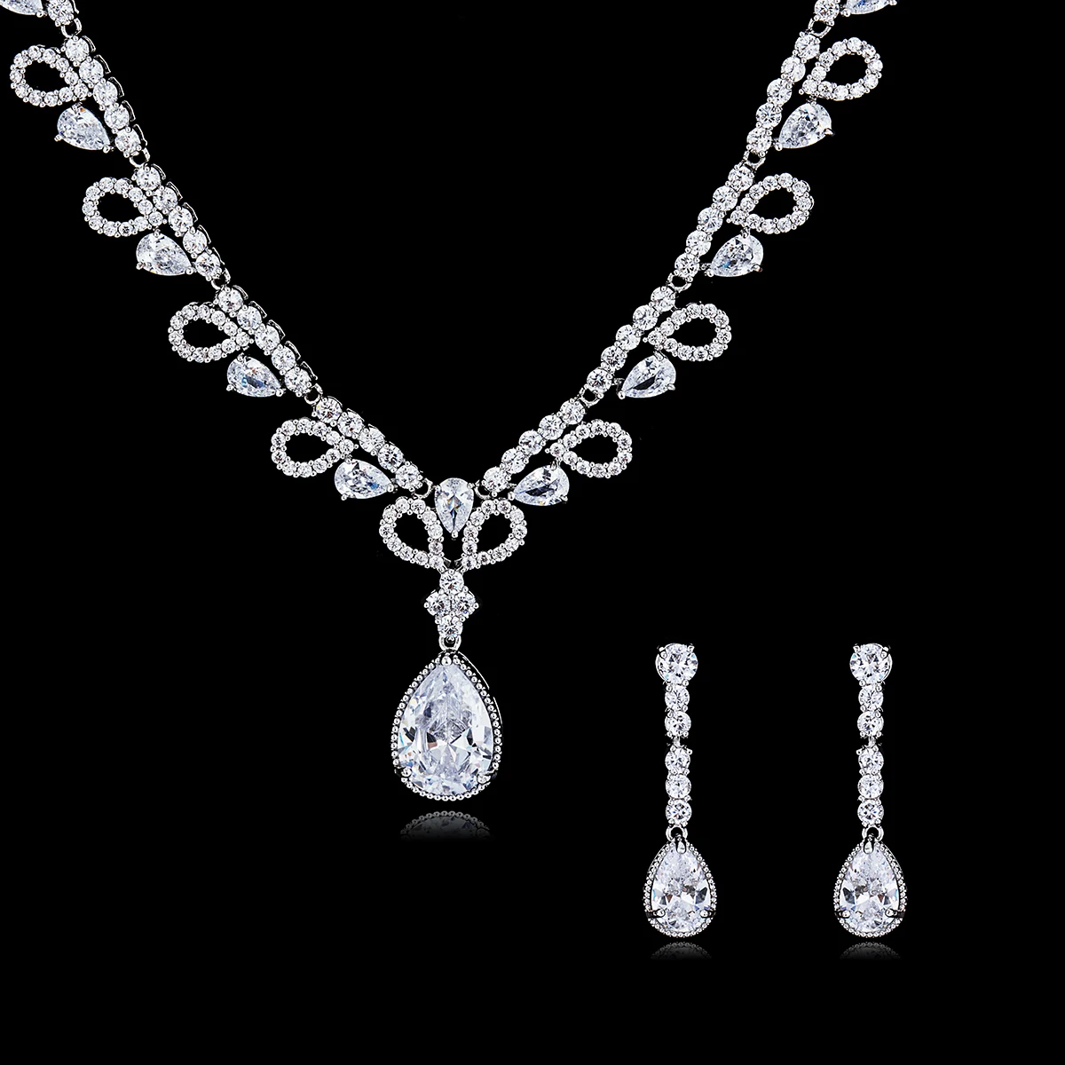 2019 Crystal CZ Cubic Zircon Bridal Wedding Water Drop Necklace Earring Set for Women Prom Party Jewelry Accessories CN10035