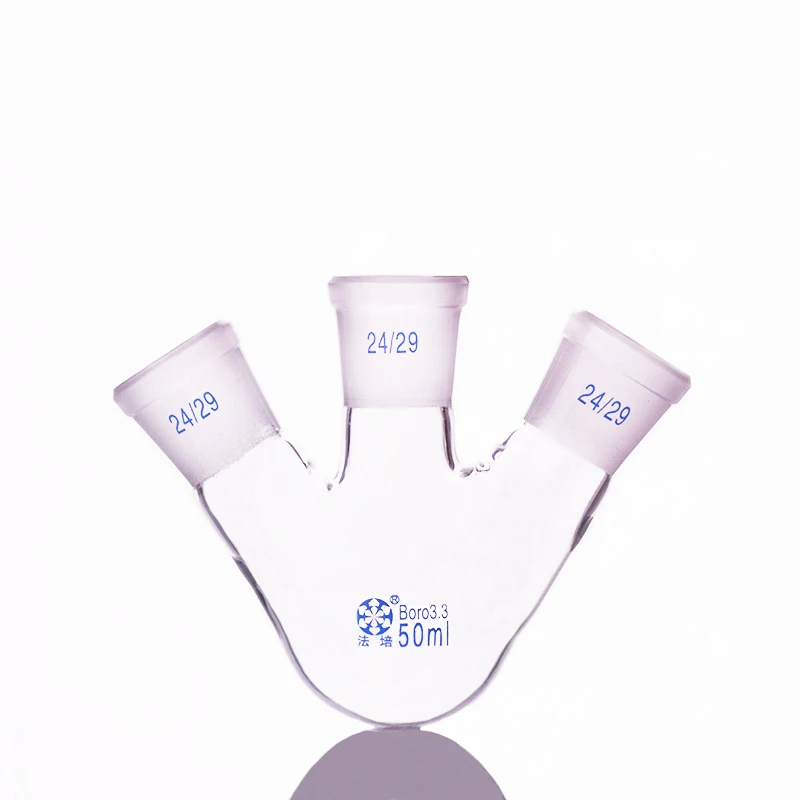 

Three-necked flask oblique shape,with three necks standard grinding mouth,Capacity 50ml,Middle joint 24/29,lateral joint 24/29