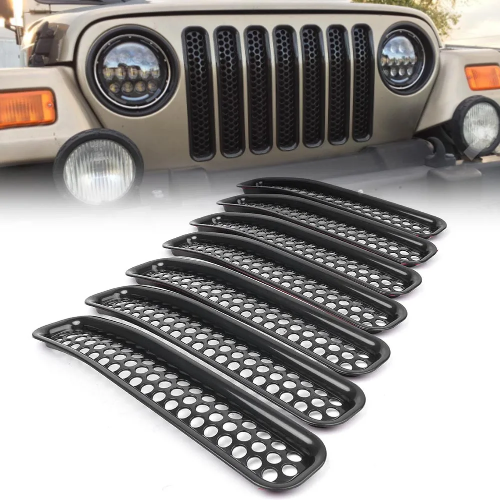 7Pcs Car Front Racing Grill Cover Insert Mesh Grille For Jeep Wrangler TJ 1997 1998 1999 2000 2001 2002 2003 2004 2005 2006