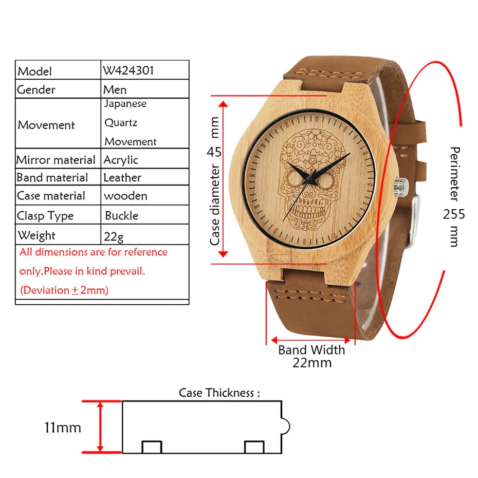 Nature Bamboo Wooden Watches Men Skull Dial Casual Genuine Leather Strap Wrist Watch Men Wood Clock With Box Best Gifts for Male