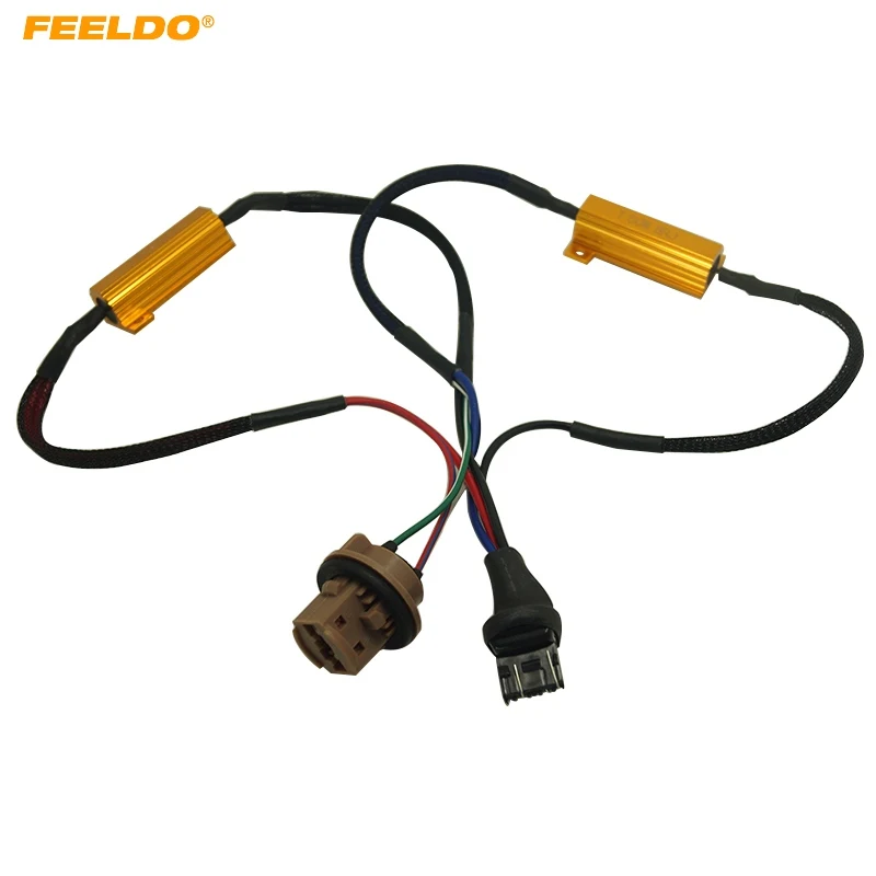 

FEELDO 2Pcs 7443/7444 LED Decoder Car LED Light Error Canceller Adapter Resistor Cable Canbus Function Wire Warning Flashing