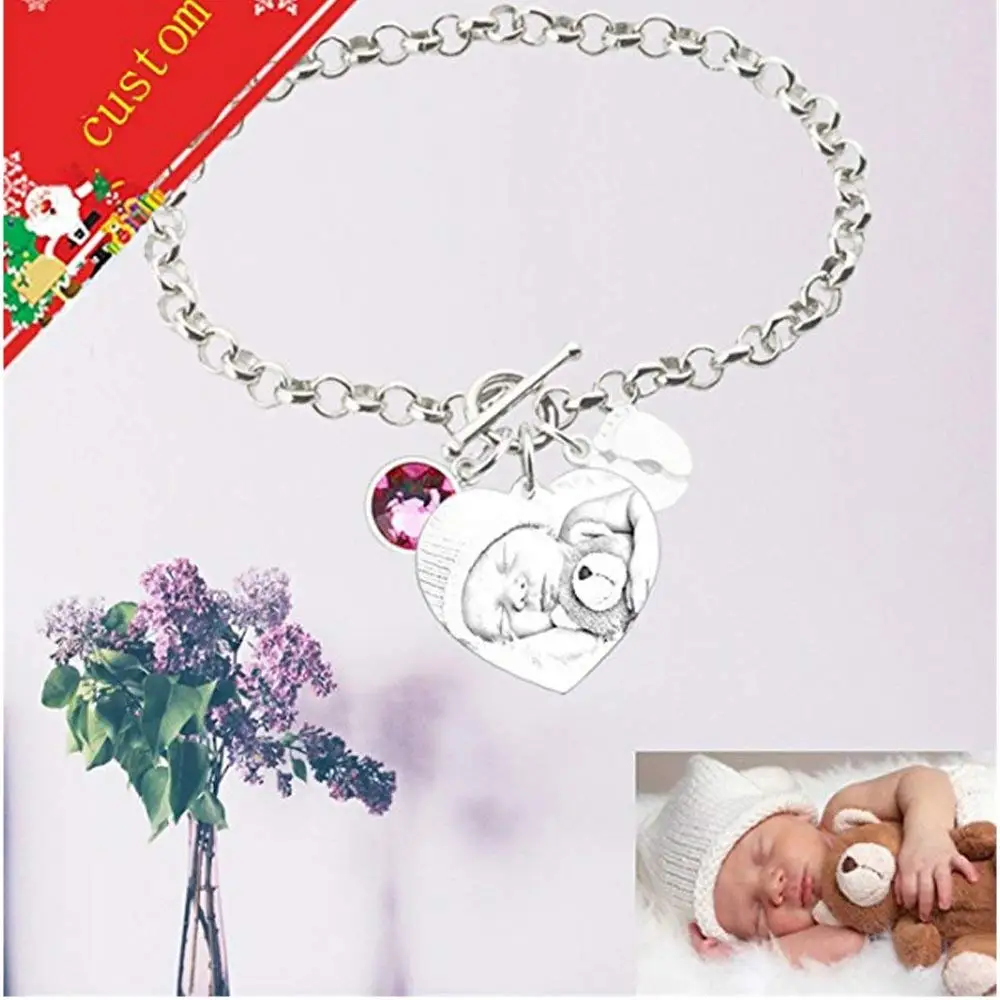 Amxiu DIY 925 Sterling Silver Bracelet Customize Photo Name Bracelets Engrave Name Date Picture Bracelets For Mother Baby Gift