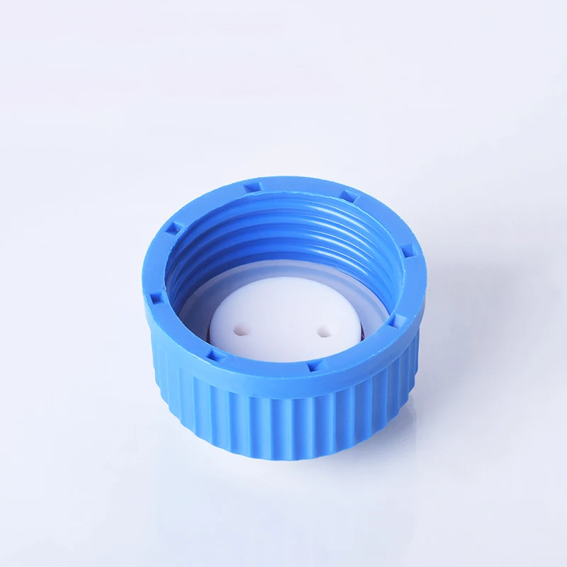 Blue thread cap with 2 holes, GL 45mm, Plastic Screw Cap with threaded bezel ring, Mobile phase liquid bottle cap