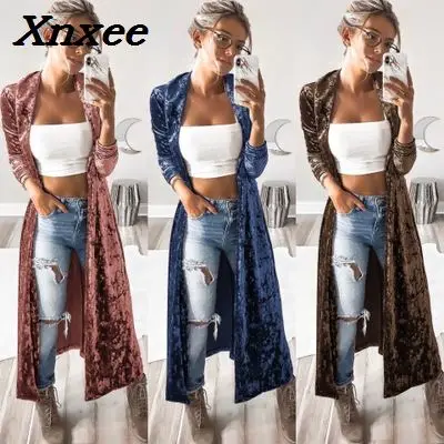 

Women's fashion velvet jacket autumn long coat open stitch outerwear coat casual tops cardigan women clothing Xnxee