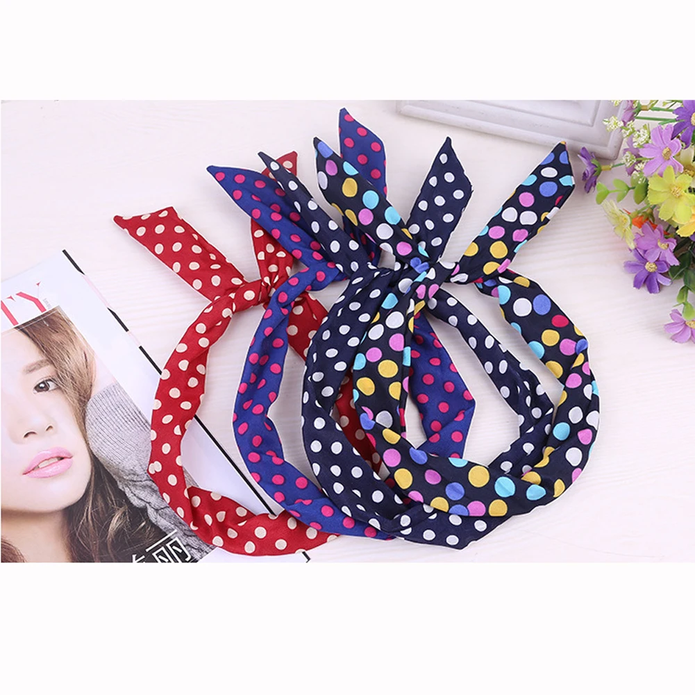 fashion Cute Dots print flower Bunny Rabbit Ear Ribbon Headwear Hairband Metal Wire Scarf Headband Hair Band Accessories