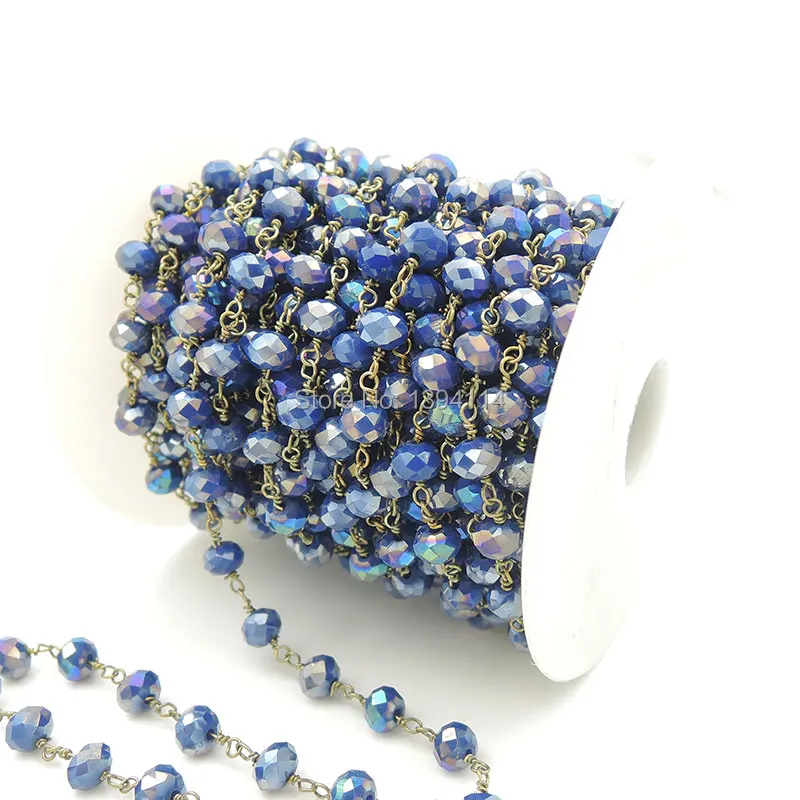 

Blue Glass Faceted Oblaten Beads Wrapped Wire Chain Fit For Making Necklaces Or Bracelets Jewelry