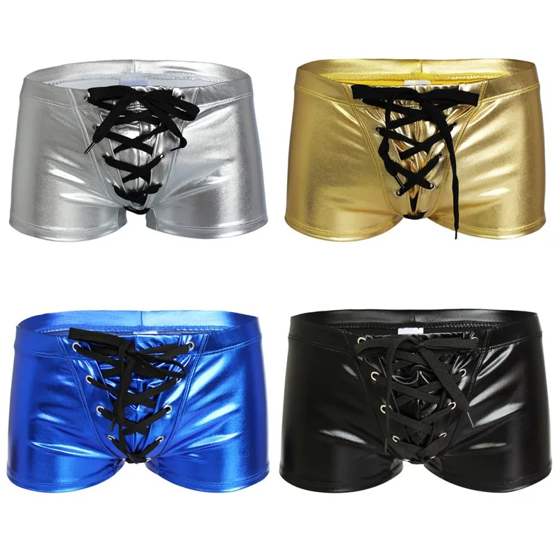 TiaoBug Men Shiny Patent Leather Drawstring Boxer Briefs Male Hot Sexy Trunks Swimwear Underwear Beach Swimming Shorts Swimsuit