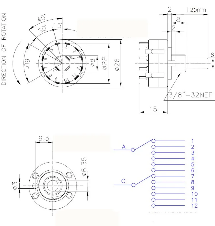 5pcs RS26 2 Pole 6 Position Selectable Band Rotary Channel Selector Switch Handle length 20MM with knob