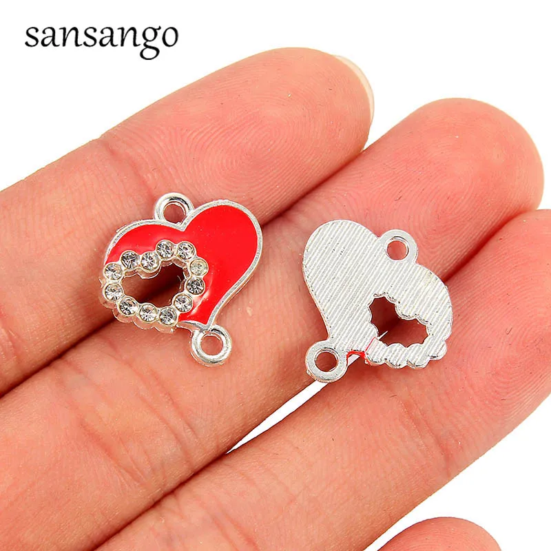 10pcs Red Enamel Love Heart Pendant  Charms Connector DIY Crystal Bracelet Necklace Earrings For Women Jewelry Making Finding