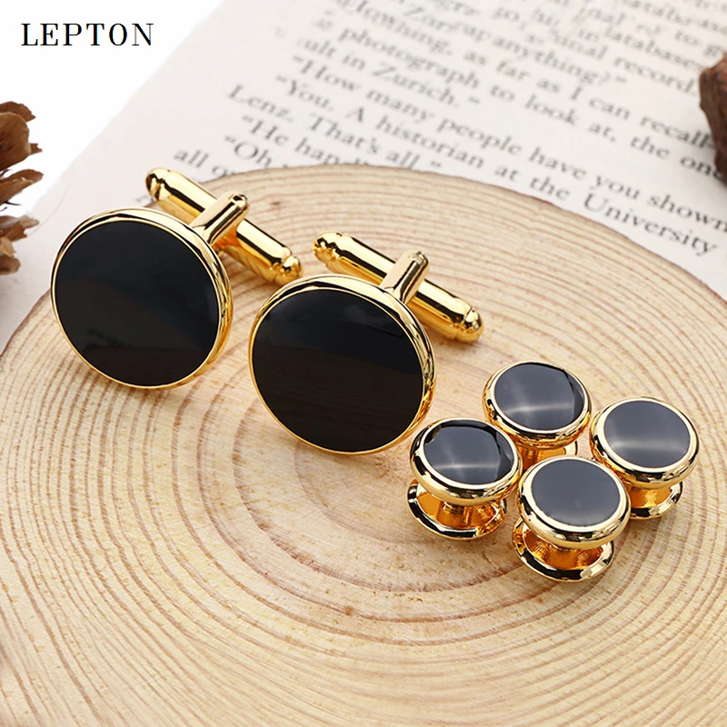 Lepton Black Enamel Round Cufflinks and tuxedo studs Sets Gold Color Business wedding High Quality Mens Shirt Cuffs cufflink