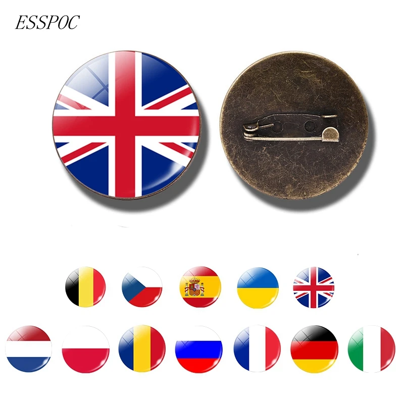 Europe National Flag Badge Pin France Italy Spain Poland Netherlands Russia Ireland Country Flag Brooch Glass Cabochon Jewelry