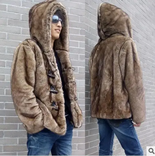 

Mens Casual Horn Button Hooded Fur Jackets Faux Mink Fur Outwears Fashion Winter Fur Coats Man-Made Fur Jacket S/5Xl