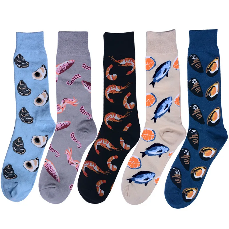 Men Socks Funny Cartoon Octopus Shrimp Seafood Colorful Happy Harajuku Personality Hip Hop Street Style Male Skate Cotton Socks