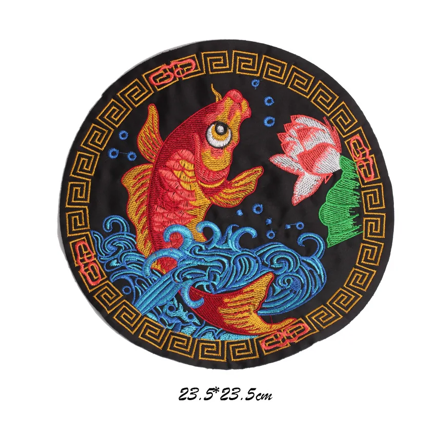 PGY Fish Lotus Embroidered Patches Sew On For Clothing DIY Applique Stickers Clothes Sew Badges Chinese Style Big Sticker