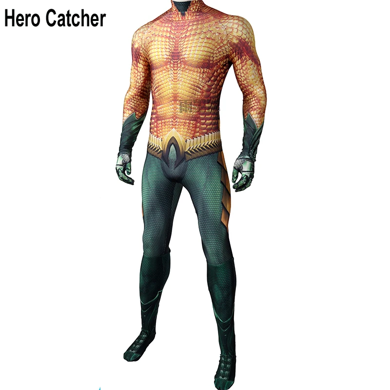 

Hero Catcher4 Top Quality Aquaman Cosplay Costume With Muscle Shade 3D Print Aquaman Outfit For Halloween Party