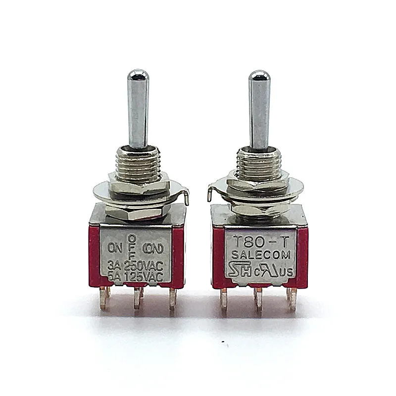 2pcs Mini Latching/Reset Toggle Switch T80-T ON ON/ON OFF ON 6 pins DPDT 2/3 Position  3A/250V 5A/125V 6mm