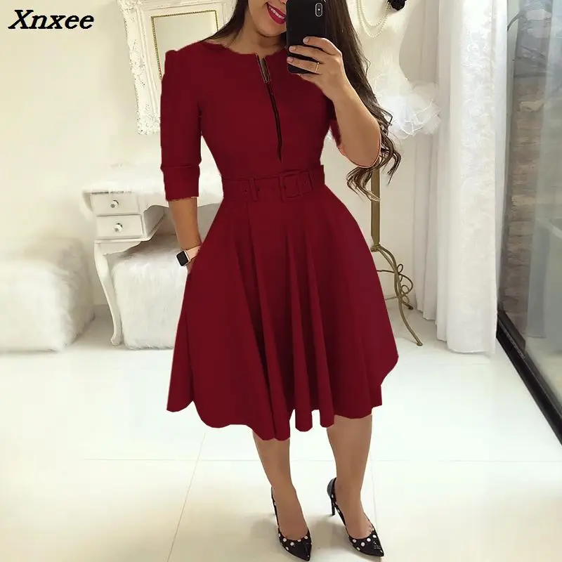 

2018 Summer Women Fashion Elegant A-Line Tunic Party Dress Female O-Neck Colorful Solid Zipper Up Belted Pleated Casual Dress