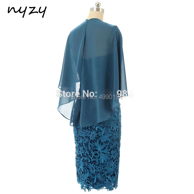 Nyzy m120 elegante bainha cerceta mãe do noivo vestidos de renda mangas de cabo curto vestido formal casamento vestido de festa convidado