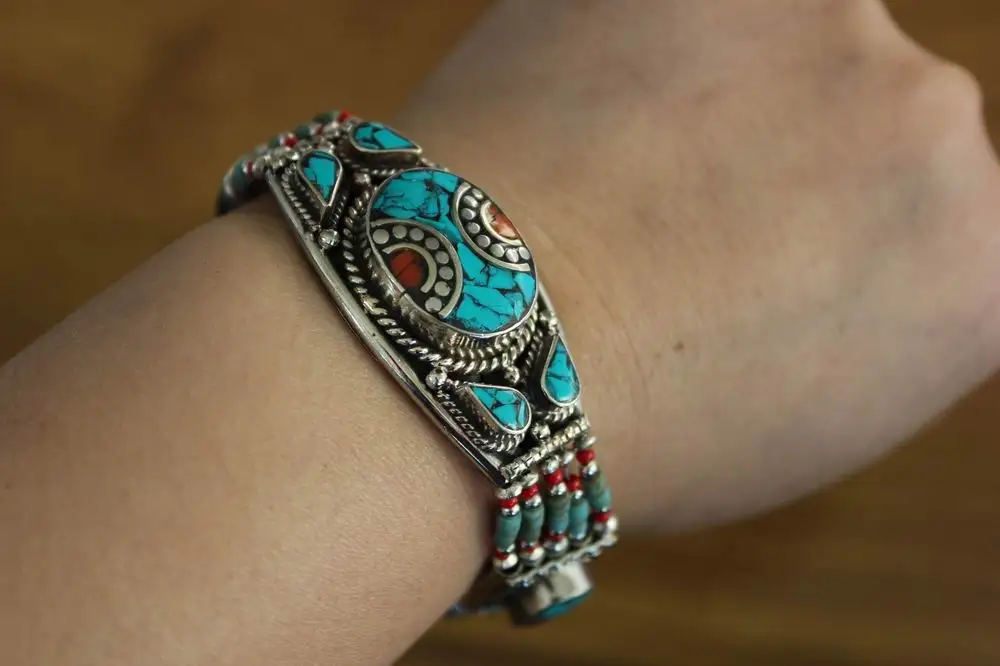 BR041 Nepal Indian Fashion Women Bracelets Tibetan Copper Lapis Turquoises Colorful Stone Clasp Cuff Bracelet New Arrival