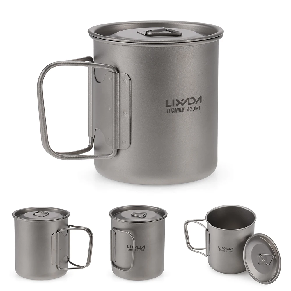 Lixada Outdoor Titanium Cup Mug Pots Tableware Camping Cup Picnic Water Cup Mug of Coffee Tea with Lid 300/350/420/550/650/750ml