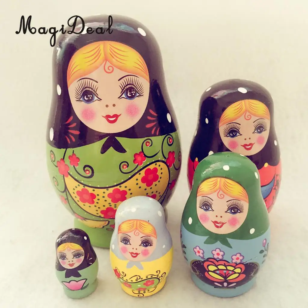 Set of 5pcs Cute Girls Wooden Nesting Dolls Matryoshka Russian Doll Xmas Birthday Gifts