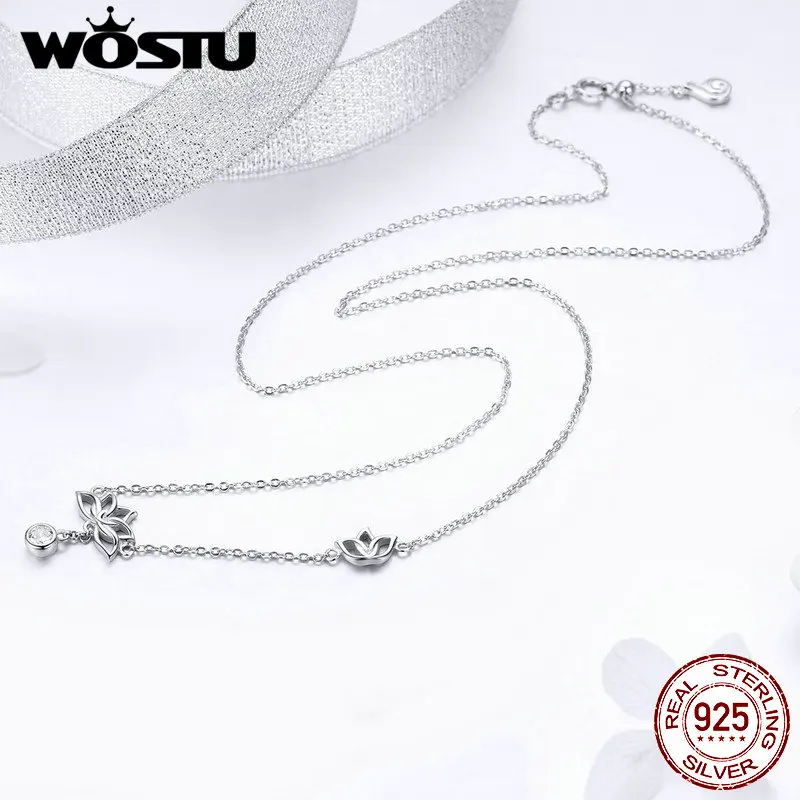 WOSTU-Flor de Lótus Colares Pingentes para Mulheres, 100% 925 Sterling Silver, Genuíno, Elegante, Luxo, Jóias Originais, Melhor Presente, CTN012