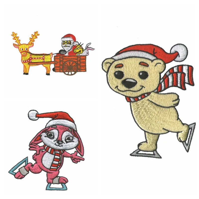 PGY Christmas Series Embroidered Skating rabbit Patches for clothing Santa Claus Ice skating bear Patch Stickers Free Delivery