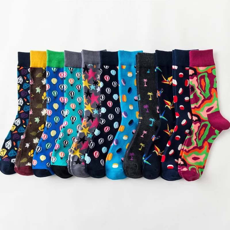 Men Socks Cartoon Cherry Origami Hot Air Balloon Stars Happy Funny Cotton Harajuku Hip Hop Street Style Casual Skate Cotton Sock