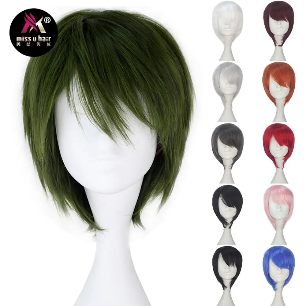 Miss U Hair Synthetic Short Straight Black Red Blue White Gray Orange Pink Green Color Halloween Cosplay Full Wig