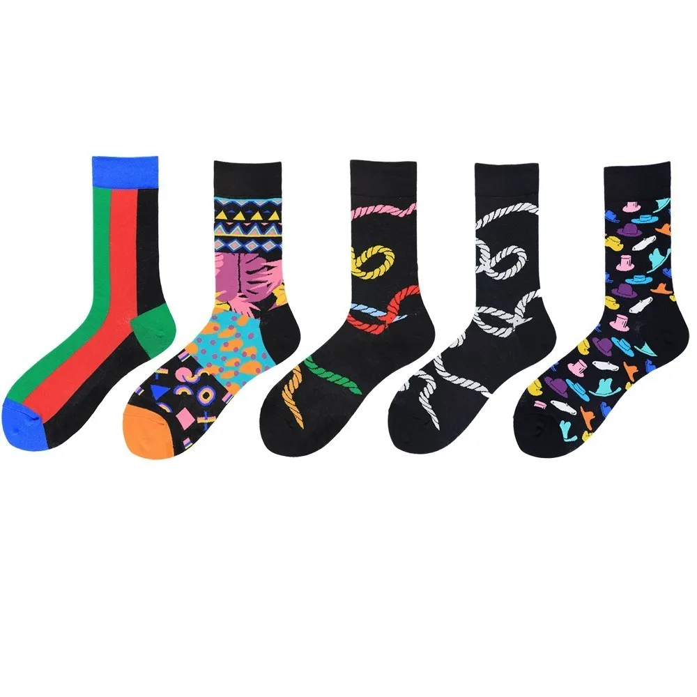 PEONFLY 5pairs/lot Funny Combed Cotton Men Socks Happy Socks Colorful Multi Rope Hat Pattern Long Tube Skateboard Casual Socks