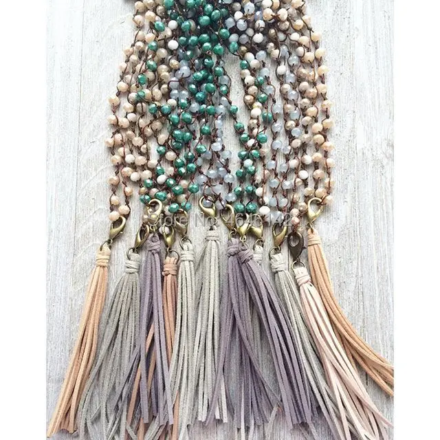 Boho Chic Hand Knotted Crystal Beaded Long Boho Leather Tassel Pendant Necklace