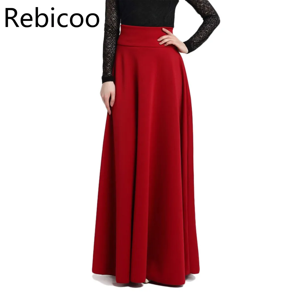 

New High Waist Pleat Elegant Skirt Wine Red Black Solid Color Long Skirts Women Faldas Saia 5XL Ladies