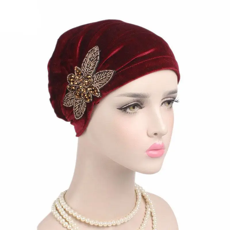 Women Muslim India Cap Ladies Velvet Hat Beanie Skullies Turban Chemo Cap With Beads Flower Headwear Cancer Hat Inner Elegant