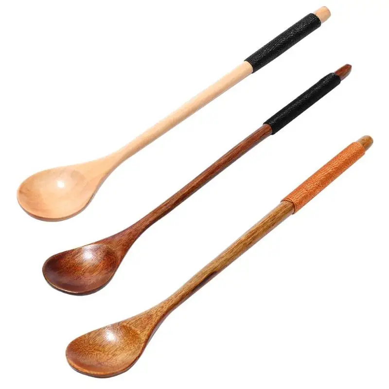 Long Handle Wooden Spoon Kids Feeding Spoon Wood Rice Soup Dessert Spoon Coffer Tea Mixing Kitchen Tools