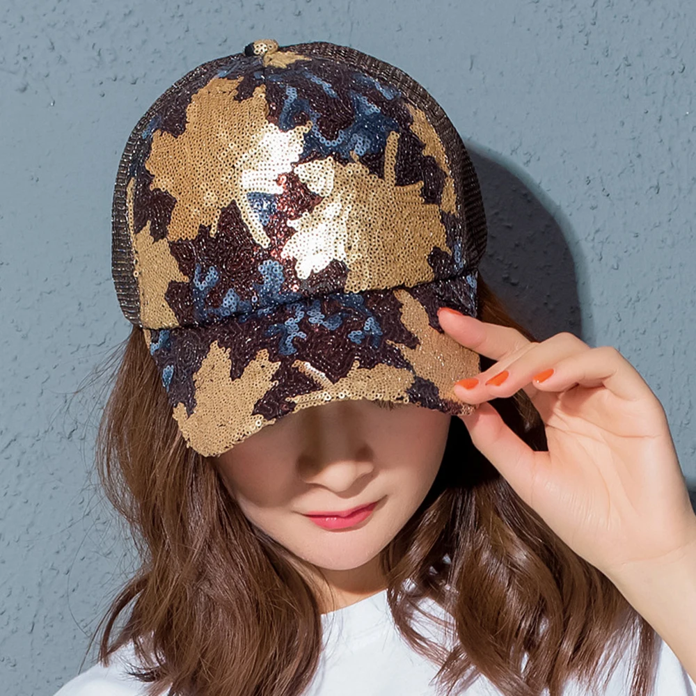 

Summer Mesh Hat Sequins Maple Leaf Print Baseball Caps Korean Harajuku Sun Hats Ponytail Snapback Adjustable Hip Hop Cap Outdoor