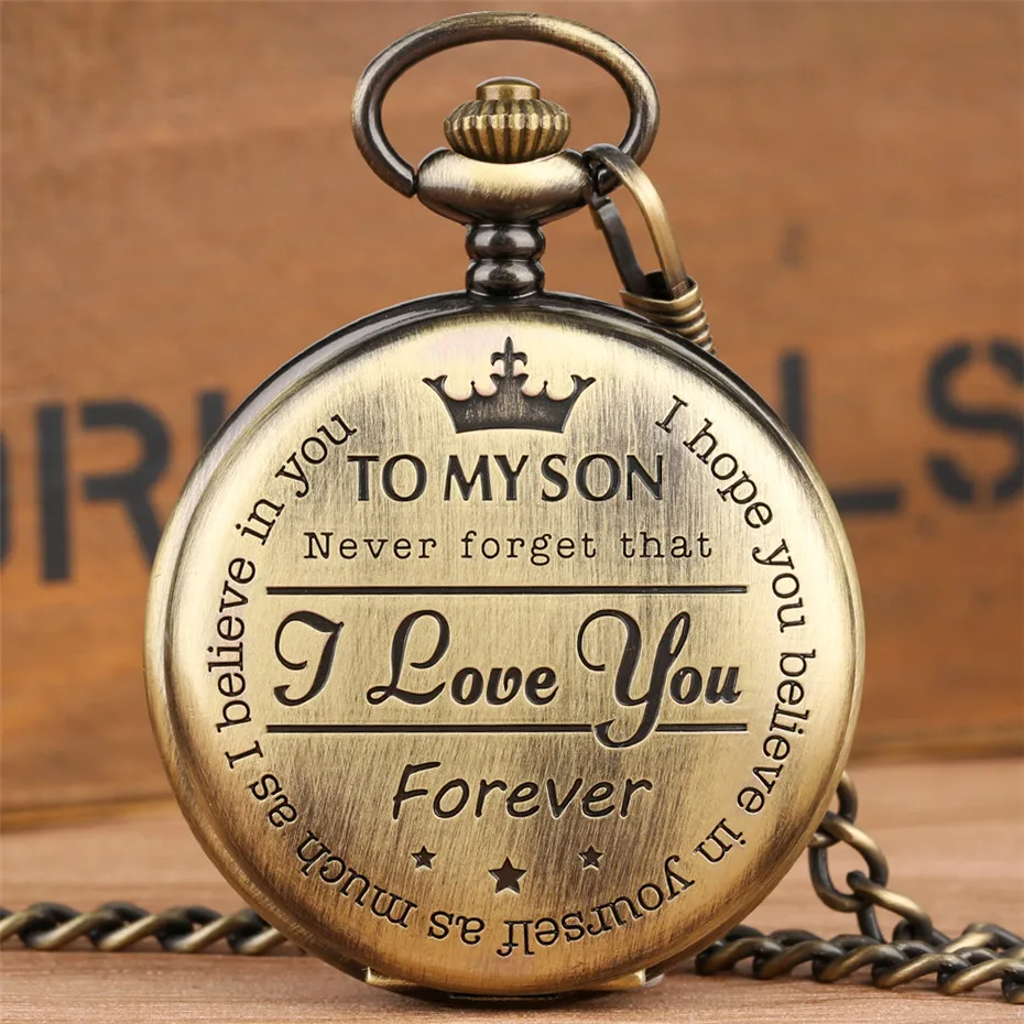 Bronze Customized To My Son Quartz Pocket Watch Vintage Roman Numeral Display Pendant Clock Birthday Gifts for Boys Dropshipping