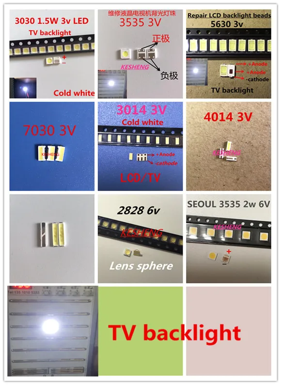 170pcs/lot 1W-2W SMD LED Kit 3V/6V 2835/3030/2828/3535/5630/7020/7030/4020/4014/7032 Cold white For TV Backlight Beads