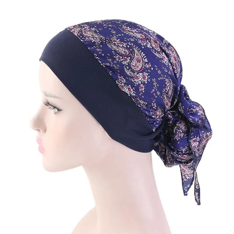 ผู้หญิงมุสลิมพิมพ์ Hijabs หมวก Turban หัวผ้าพันหัว Chemo มะเร็งหมวกผมหมวก Long Tail Bow Bonnet วงกว้างหมวก