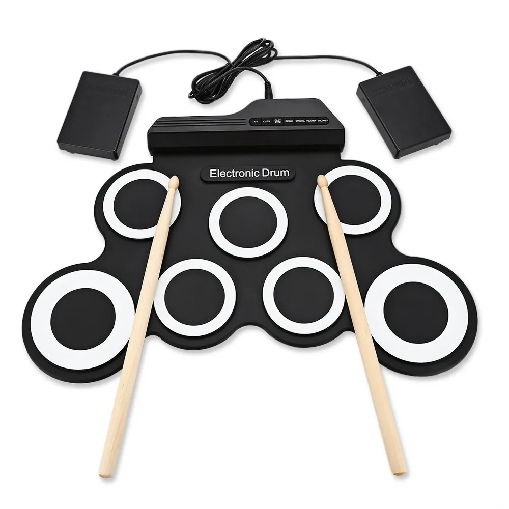 แบบพกพาดิจิตอลอิเล็กทรอนิกส์ Roll Up กลอง 7 ซิลิคอนกลองแผ่น Drumsticks ในตัว Metronome เท้าเหยียบมือม้วนกลอง