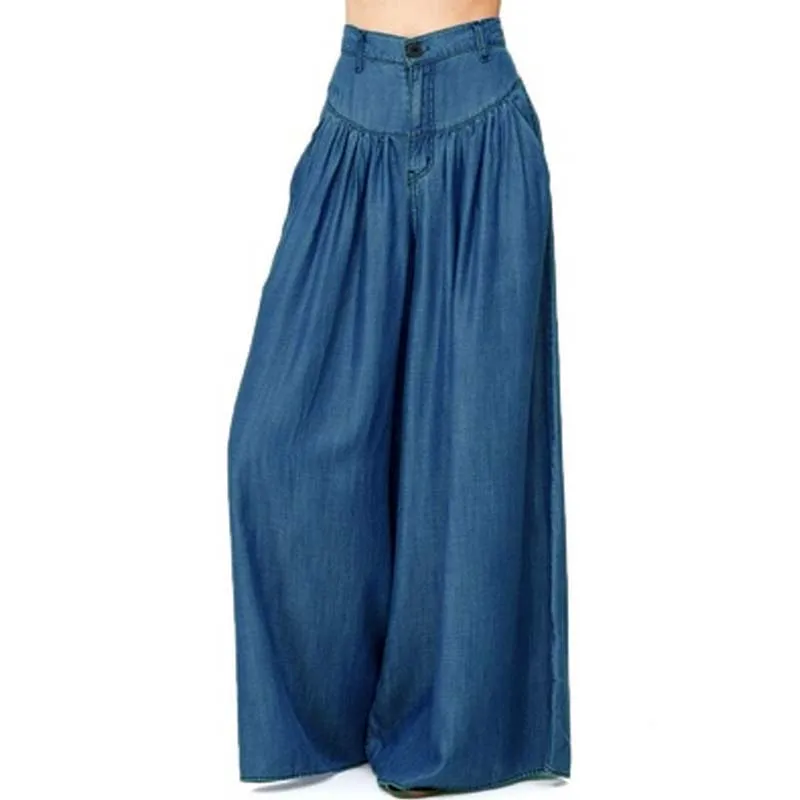 Women Summer Autumn Causal Pants Zipper Up Wide Leg Pants Blue Denim Loose Long Trousers High Waist Pantalon S-5XL